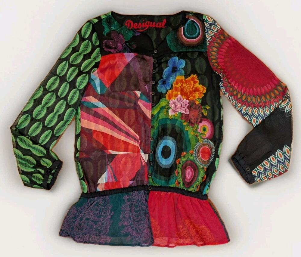 Desigual Sheer Patchwork Blouse Womens M Boho Art Print Button Front Tunic Top